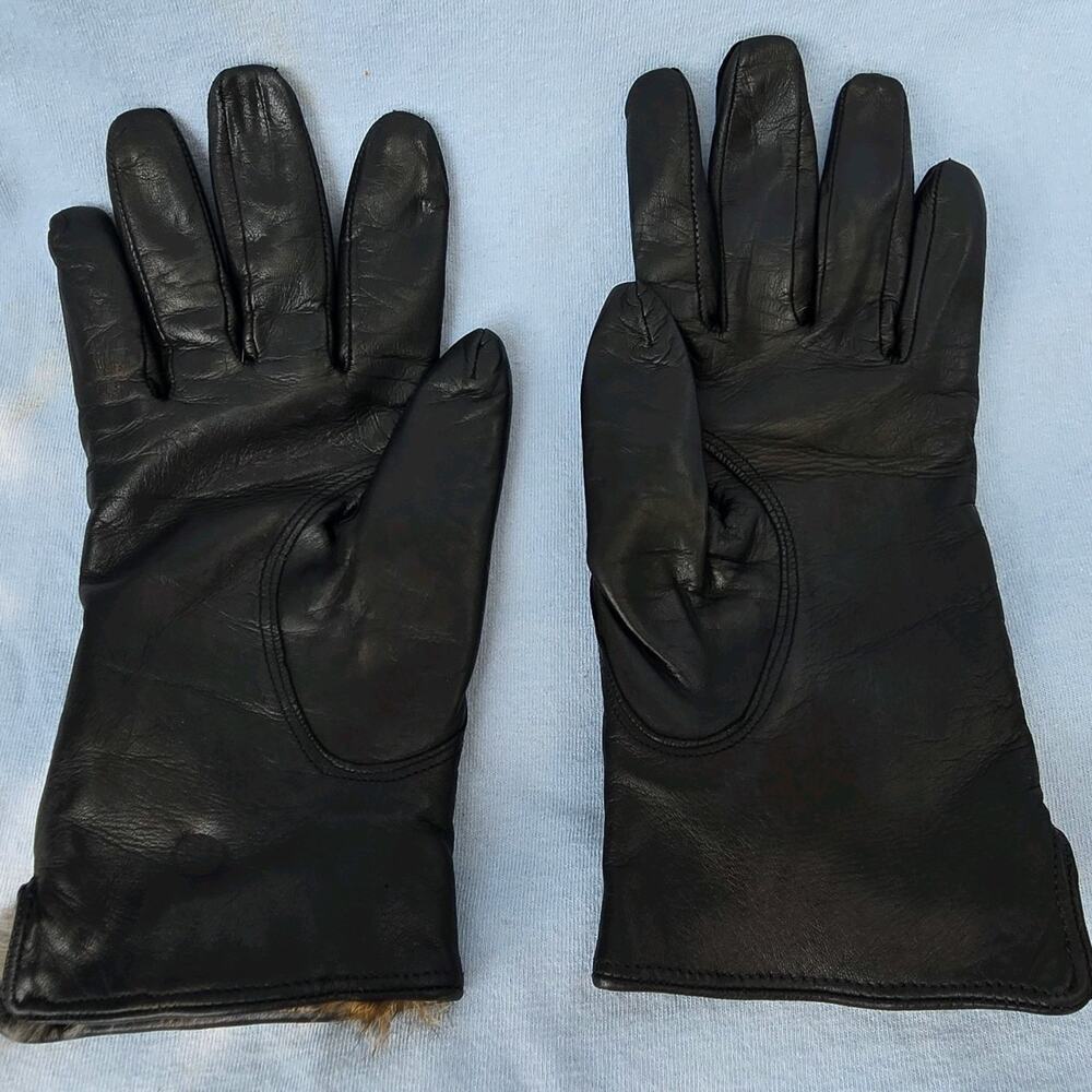 Vintage Grandoe Black Leather Gloves Women L 8 Rabbit Fur Lined Button Accent - Picture 7 of 7